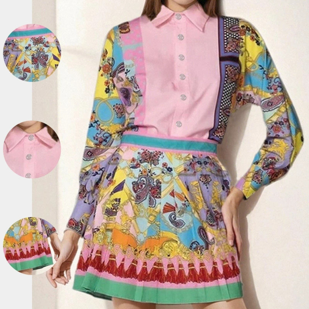 ZARA Summer Fashion Set Printed Long Sleeve Shirt Pleated Skirt